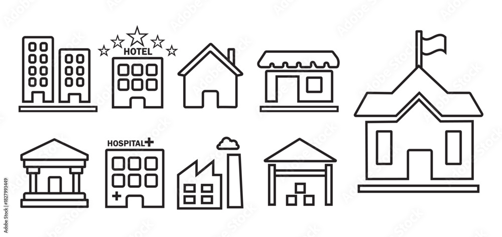 Fototapeta premium Building icon set. building flat featuring office, hospital, mall, factory, and various urban building for real estate presentations, map, app, navigation interfaces, and city planning. png and vector