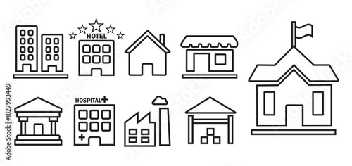 Building icon set. building flat featuring office, hospital, mall, factory, and various urban building for real estate presentations, map, app, navigation interfaces, and city planning. png and vector