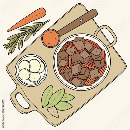 Hearty Beef Stew with Vegetables on a Wooden Cutting Board.