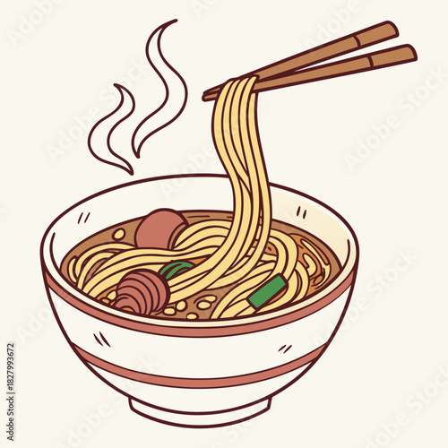 Illustration of a bowl of noodle soup with chopsticks picking up noodles.