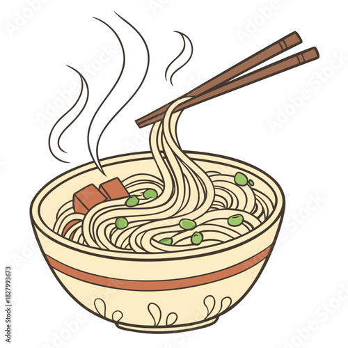 Illustration of a Bowl of Noodles with Chopsticks and Steam.