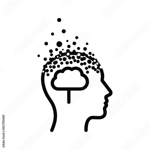 Abstract illustration of a human head silhouette with a cloud inside and particles dispersing from the top, symbolizing thoughts or ideas