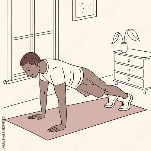 Man Doing PushUps on a Mat in a Room.