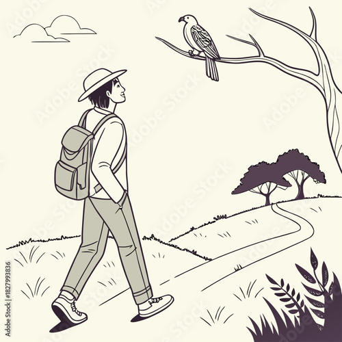 Man on a nature walk observing a bird perched on a branch.