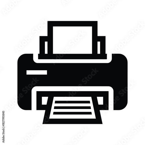 Black and white icon of a printer with paper coming out, isolated on