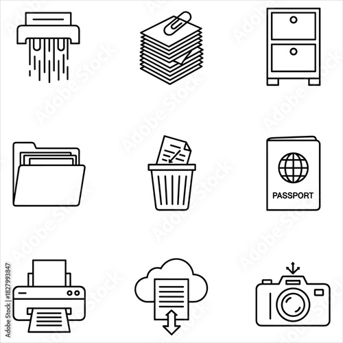 Document and office management line icons set for digital tasks isolated on white background, Vector