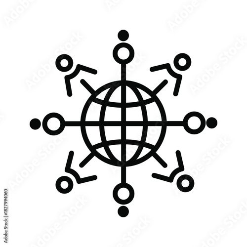 Global network connection icon showing people linked to a central worldwide hub, representing community and communication