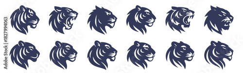 Tiger head logos with flowing stripe patterns and bold side profiles. Each design shows confident character and strong visual impact