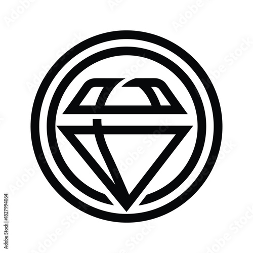 Abstract black line art geometric diamond symbol logo design element enclosed in a circular frame, isolated on