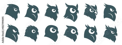 Owl head logos in stylized side profiles with expressive eyes. Each version highlights the bird’s alert nature and smooth silhouette