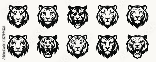 Tiger head logos with expressive stripes and strong facial features. Each version shows power and confident presence in a clean graphic style