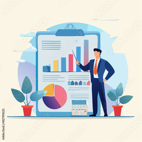 Financial Consultant Presenting Business Success Charts Vector Illustration