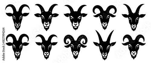 Goat head with distinct horns and characteristic beard. The silhouette highlights natural features and symmetric proportions