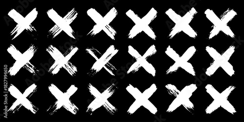 Grunge crosses, brush strokes, x mark, lines, ink smudges, hand-drawn scribble shapes. Handmade sketchy marks, acrylic stains, charcoal streaks. Paint textures, dry brush effect. Vector illustration