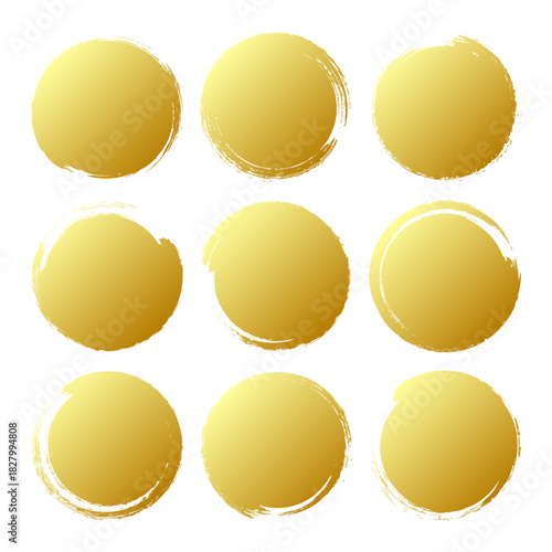 Golden grunge circles, brush strokes, lines, ink smudges, hand-drawn scribble shapes. Handmade sketchy marks, acrylic stains, charcoal streaks. Paint textures, dry brush effect. Vector illustration