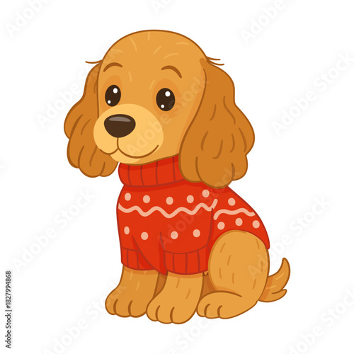 Cocker Spaniel sitting, dressed in festive red Christmas sweater with white pattern. Flat style vector illustration. Ideal for holiday greeting cards, winter pet themes, cozy seasonal graphics.