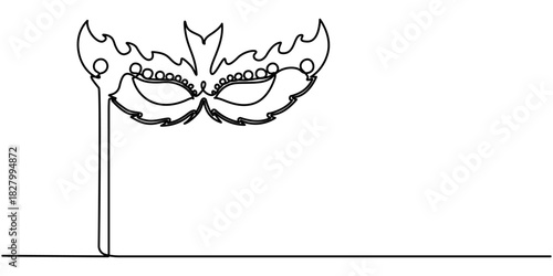 Elegant continuous one line drawing of a feathered masquerade mask emblematic of mystery and celebration vector. 