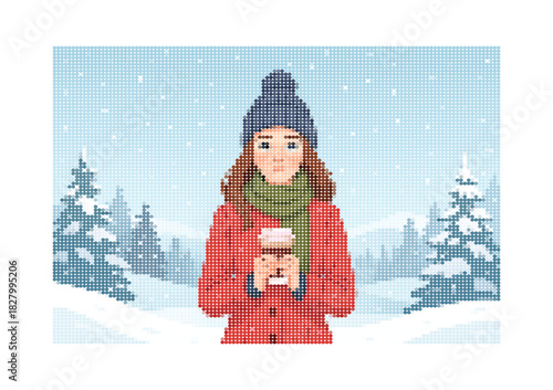 Winter Halftone Woman: Red Coat, Knit Hat, and Coffee Cup in Snowy Forest, Pixel Dot Art for Christmas and Holiday Design Projects