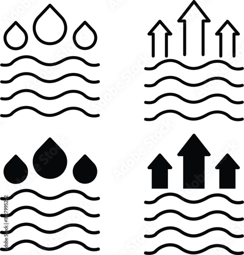 Evaporation Absorption Water Resistance and Breathability Process Icons Vector Silhouette and Pictogram..eps