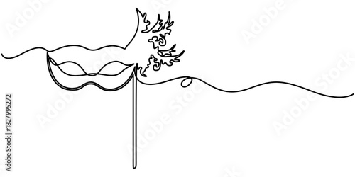 Elegant continuous one line drawing of a feathered masquerade mask emblematic of mystery and celebration vector. 