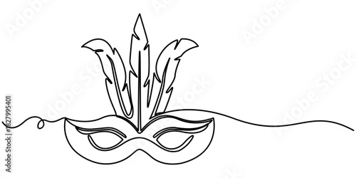 Elegant continuous one line drawing of a feathered masquerade mask emblematic of mystery and celebration vector. 