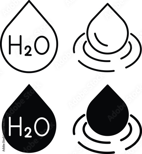 H2O Water Drop Chemistry and Ripple Splash Symbol Set Vector Silhouette and Pictogram..eps