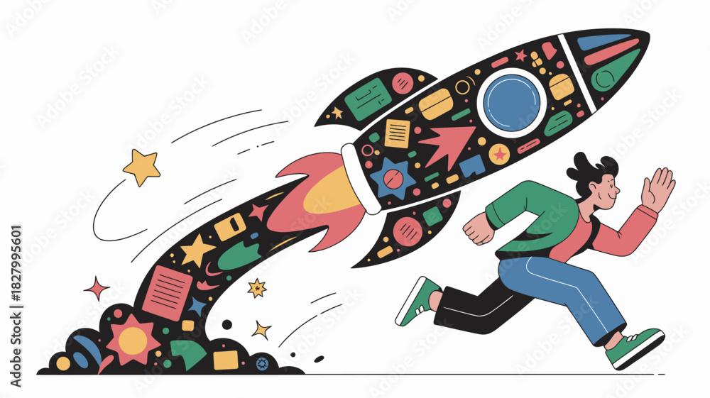 Fototapeta premium A person running alongside a rocket taking off, symbolizing business launch and rapid growth.