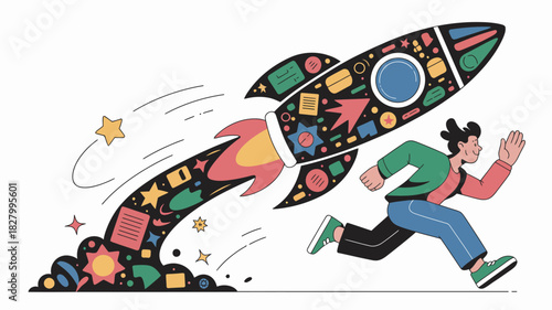 A person running alongside a rocket taking off, symbolizing business launch and rapid growth.