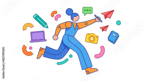A stylized illustration of a person running with a pen, surrounded by creative and digital elements like a laptop, camera, paper airplanes, and a pencil, symbolizing content creation and productivity.