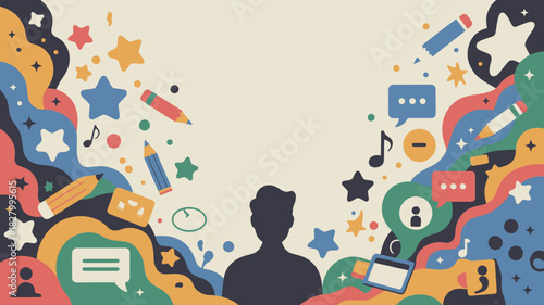 Vibrant illustration of a person's silhouette surrounded by creative and communication icons, representing ideas, learning, and expression.