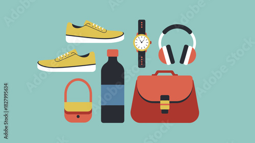 A vibrant flat lay illustration showcasing a collection of everyday personal accessories and items on a teal background.