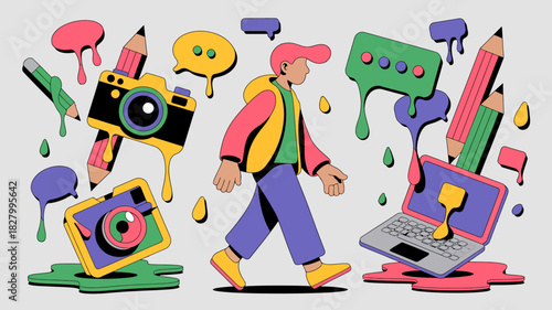A vibrant illustration of a person walking surrounded by creative tools like cameras, pencils, and a laptop with dripping paint effects.