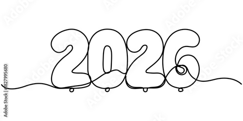 Continuous one line drawing new year balloon 2026 in a flowing script style vector, 2026 sign - decoration  outline hand drawing sign for year calendar. Vector stock illustration minimalism. 