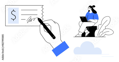 Payment processing. Payment involves check signing and online transactions. Payment links digital banking, work, technology. For finance, remote work, digital transactions, business workflow