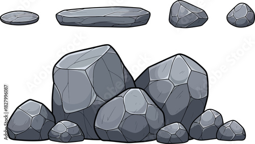 Vector illustration of gray stones, rocks, and pebbles with various shapes and sizes for design elements