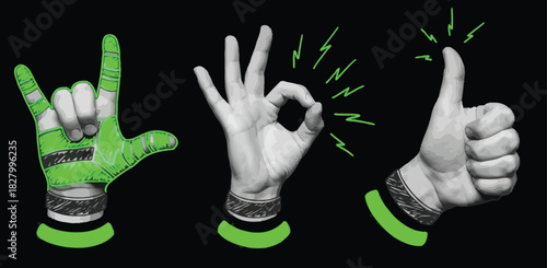 Creative collage set of positive hand gestures like rock on, thumbs up, and okay sign, isolated on black with neon green graphic elements. 15