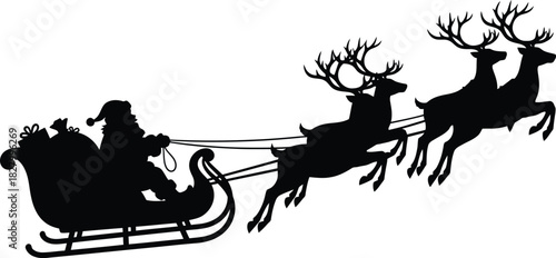 Silhouette of Santa Claus in his sleigh pulled by reindeer, ready to deliver gifts on Christmas Eve
