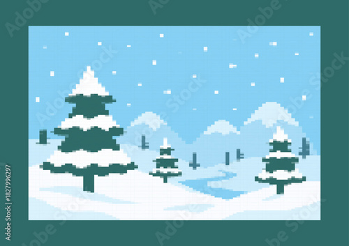 Pixel Art Winter Landscape: Snowy Pine Trees, Mountains, and River in a Cold Blue Background, Retro 8-Bit Game Design Vector