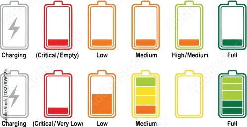 Vector battery icons illustrating diverse power levels from critical to full, with active charging states, for user interface design and energy monitoring applications