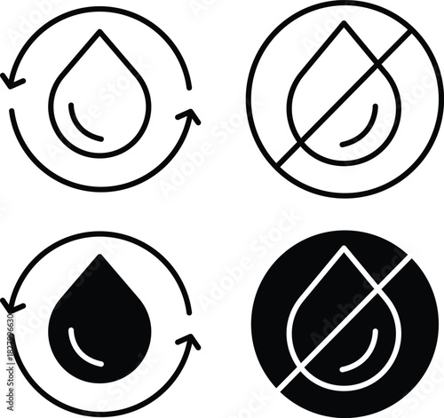 Water Drop Recycle Reuse and Prohibited Symbol Signs Icons Vector Silhouette and Pictogram..eps