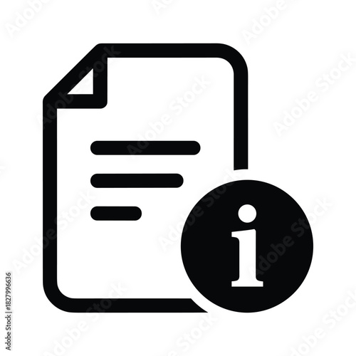 Black and white icon representing a document or file with an information symbol