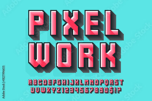Pixel alphabet design. Retro video game style. High contrast and sharp, retro-futuristic.