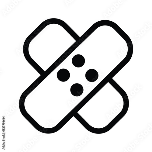 Black and white icon of two crossed adhesive bandages for first aid and injury treatment isolated on