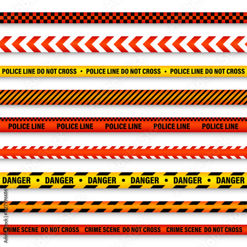 Barricade construction tape. Colorful police warning line, brightly colored danger or hazard stripe, ribbon. Restricted area, zone. Attention symbol. Vector illustration