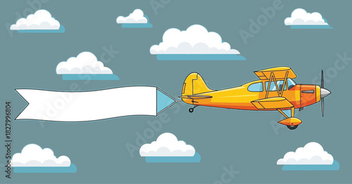 Classic yellow biplane flying across a blue sky with fluffy clouds, pulling a long empty white banner, ready for your personalized text or advertising message