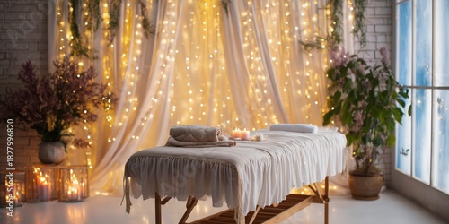 Luxurious spa room with a massage table, glowing candles, and warm fairy lights creating a relaxing festive atmosphere. Soft fabrics, flowers, and gentle golden lighting add a cozy holiday touch.