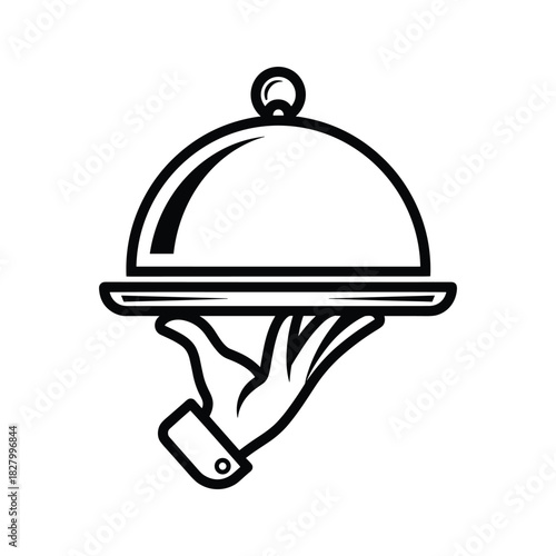 Black and white icon of a hand holding a serving cloche or food cover isolated on
