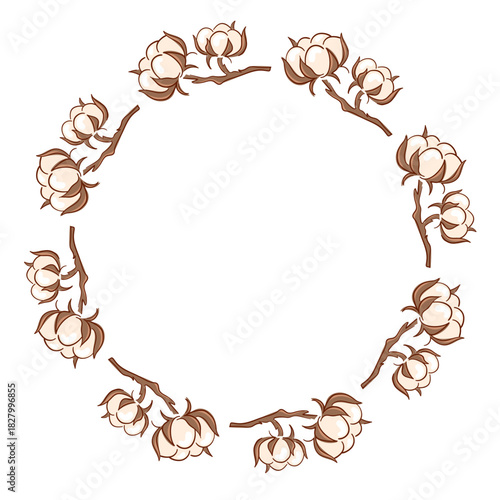 Ripe cotton boll wreath with opened seed in flat style. Card design for wedding.