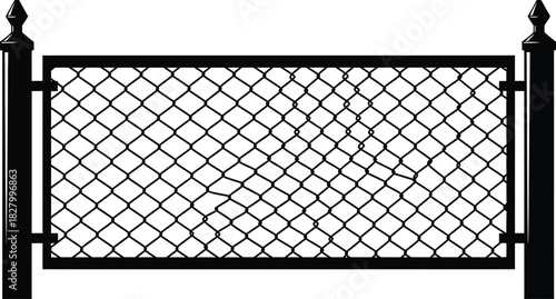 Black metal chain link fence with support posts, a graphic illustration for security, safety, and borders. Ideal for design