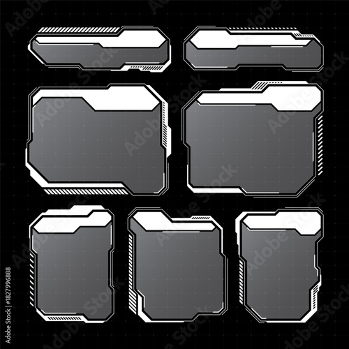 White futuristic HUD, UI elements. Sci-fi user interface text boxes, callouts. Warning message frames, information boxes template. Modern game interface layout in digital style. Vector illustration